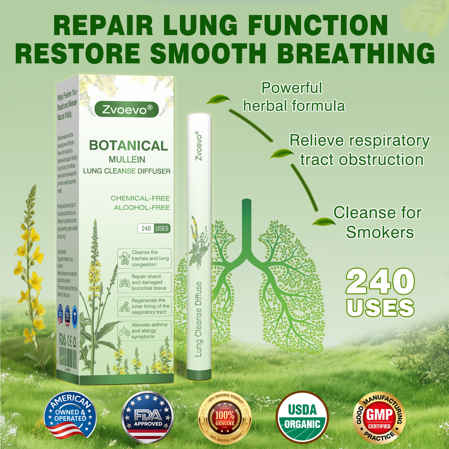 ✅American Owned and Operated：Zvoevo® Botanical Mullein Lung Cleanse Diffuser（💝Certified by U.S. Pulmonologists💝）